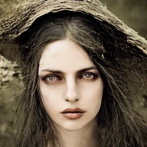 Image similar to a portrait of a beautiful witch maiden, dark eyes, dark hair, olive skin, depth of field, zeiss lens, detailed, centered, artstation, fashion photoshoot, by Annie Leibovitz and Steve McCurry, David Lazar, Jimmy Nelsson, Breathtaking, 8k resolution, extremely detailed, beautiful, establishing shot, artistic, hyperrealistic, beautiful face, octane render