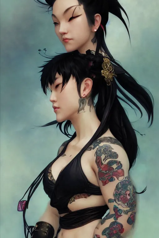 Image similar to portrait of goth Chun Li with yakuza tattoos, Street fighter, highly detailed, digital art from artstation by Ruan Jia and Mandy Jurgens, Alphonse Mucha and Artgerm and william-adolphe bouguereau
