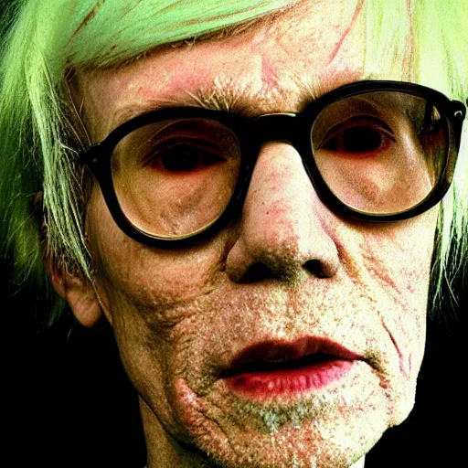 Image similar to Portrait of an aged elderly Andy Warhol, taken in the 2000s, photo taken on a 2000s camera, grainy, real life, hyperrealistic, ultra realistic, realistic, highly detailed, epic, HD quality, 8k resolution, body and headshot, film still, front facing, front view, headshot and bodyshot, detailed face, very detailed face