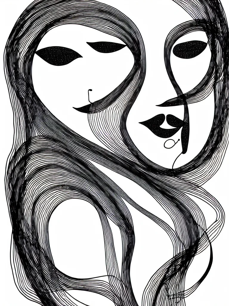 Image similar to elegant minimalist metal wire art of symmetrical and emotional dramatic female facial features and silhouette, influenced by one line drawings, curves, twirls and spirals