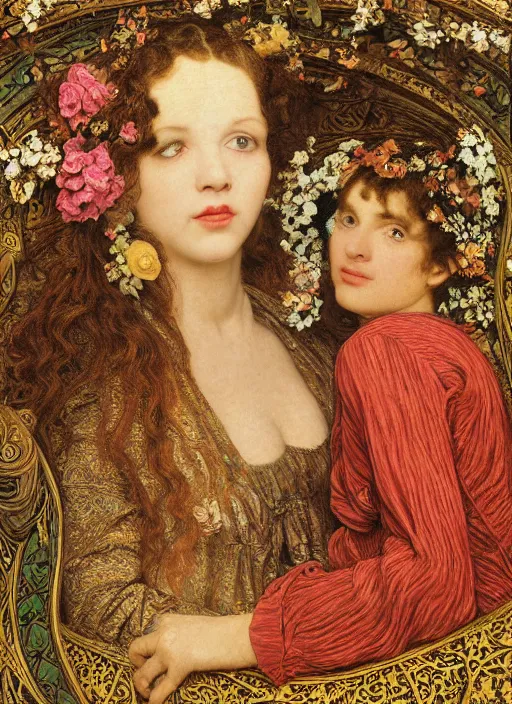 Prompt: masterpiece of intricately detailed preraphaelite photography portrait face of judy garland and kelly osborne, aged 6 0, sat down in train aile, inside a beautiful underwater train to atlantis, betty page fringe, medieval dress yellow ochre, by william morris ford madox brown william powell frith frederic leighton john william waterhouse hildebrandt