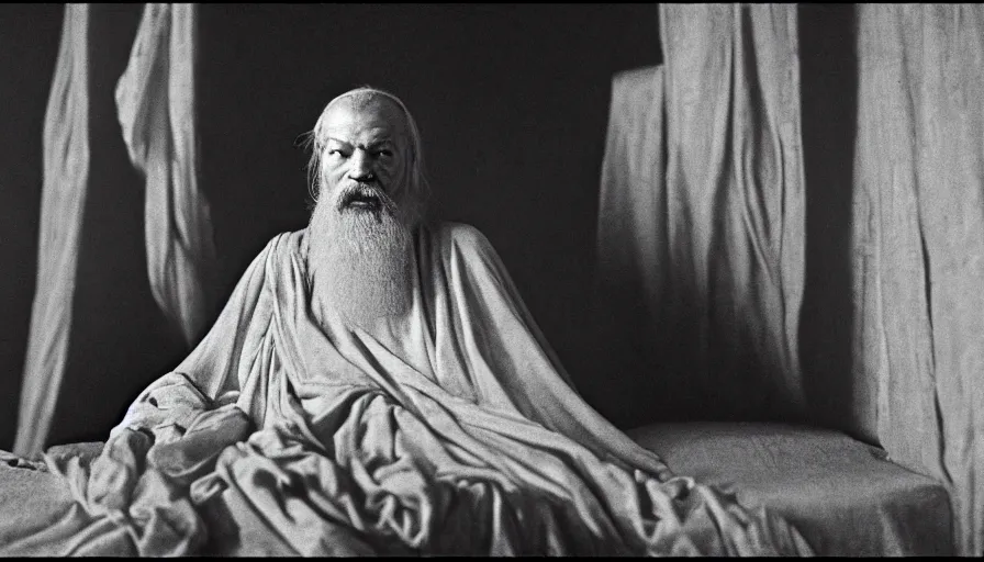 Prompt: 1 9 6 0 s movie still by tarkovsky of an elder socrates wearing dark drapery inside a barque on a neoclassical canal, cinestill 8 0 0 t 3 5 mm b & w, high quality, heavy grain, high detail, panoramic, ultra wide lens, cinematic composition, dramatic light, anamorphic, piranesi style