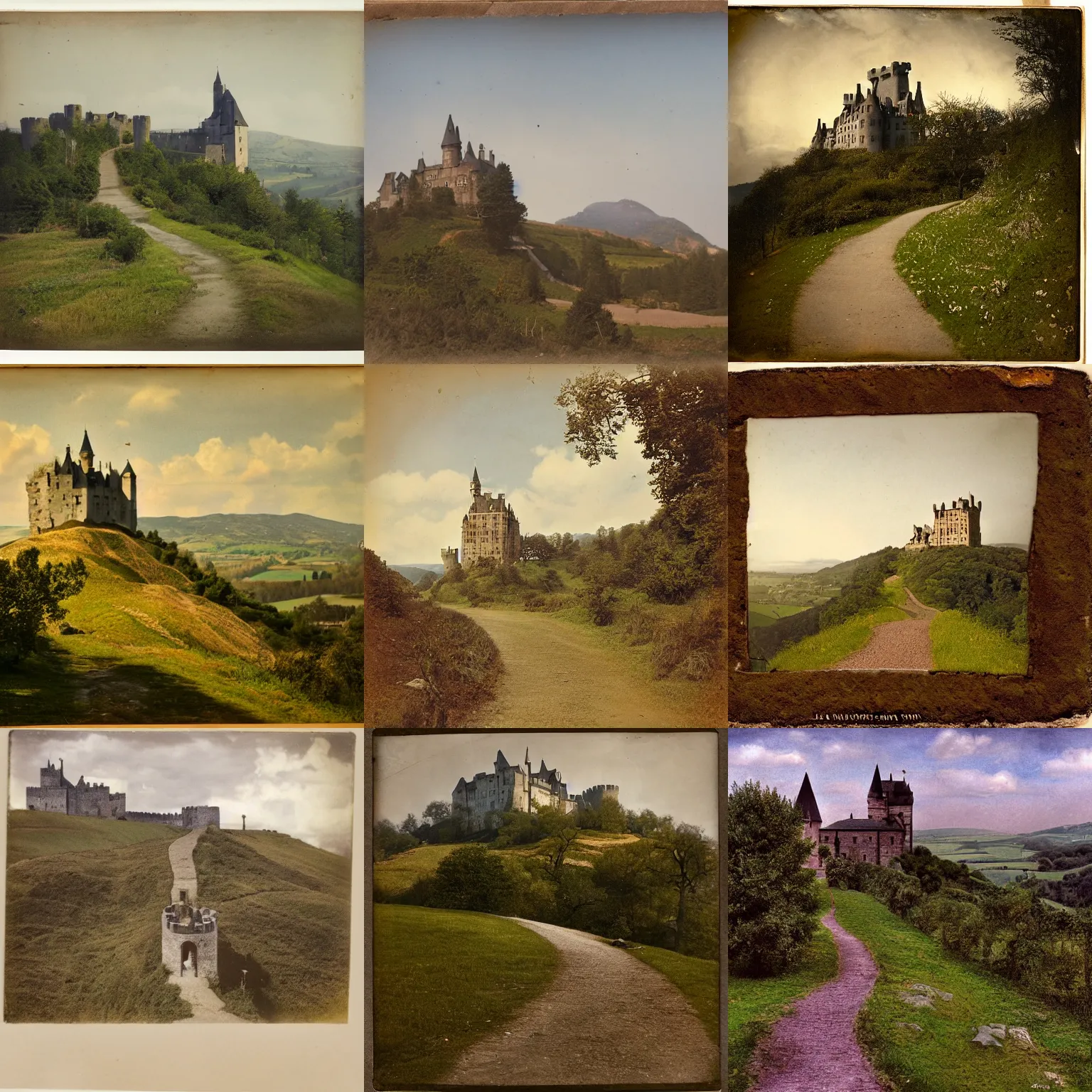 Prompt: photochrom photograph, a hilly landscape with castle and path