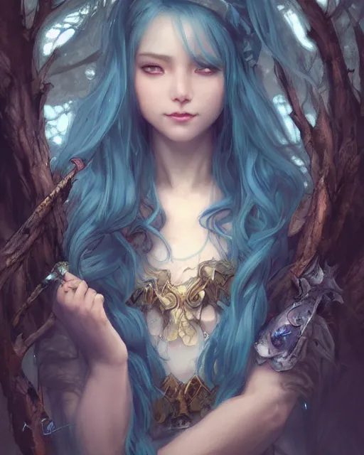 Image similar to stunningly beautiful female blue hair, cute korean actressr, fantasy art, fae priestess, lush dark forest landscape, fireflys at night, sharp focus, digital painting, 8 k, concept art, art by wlop, artgerm, greg rutkowski and alphonse mucha