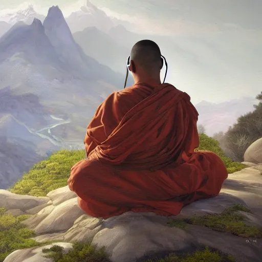 Prompt: a painting of a monk wearing headphones meditating on top of a mountain, style by joseph christian, detailed, coherence, smooth, hyper detailed, studio quality
