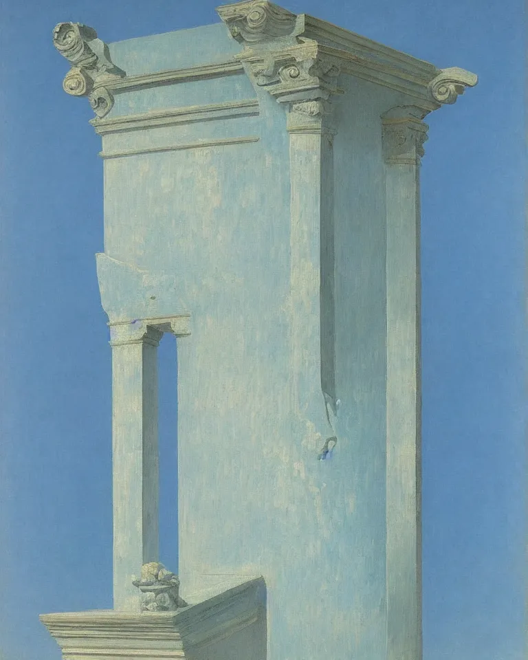 Image similar to achingly beautiful painting of intricate ancient roman corinthian capital on a baby blue background by rene magritte, monet, and turner.