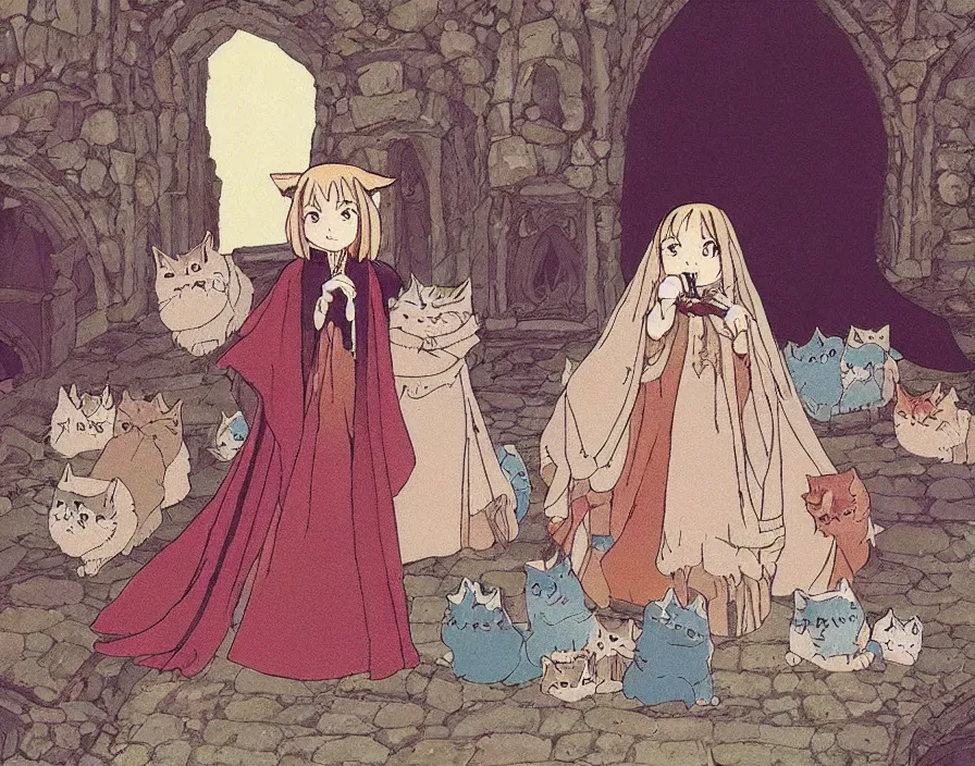 Image similar to a cute old witch queen wearing a heavily embroidered velvet cloak, surrounded by fluffy cats, in a old medieval castle, by hayao miyazaki, studio ghibli, anime masterpiece, sharp, wide angle shot, head to toe, standing pose, feet on the ground