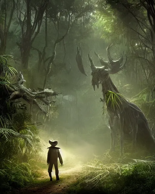 Image similar to a powerful wizard walking towards an ominous creature in a densely overgrown, eerie jungle, fantasy, stopped in time, dreamlike light incidence, ultra realistic
