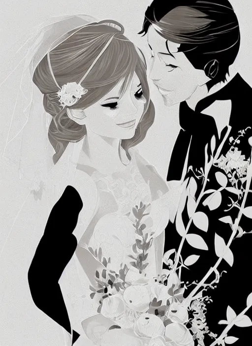 Image similar to a bride and groom on their wedding day. clean cel shaded vector art. shutterstock. behance hd by lois van baarle, artgerm, helen huang, by makoto shinkai and ilya kuvshinov, rossdraws, illustration, art by ilya kuvshinov