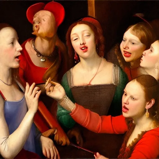 Prompt: renaissance painting of girl singing in karaoke bar, red earrings, group of friends at party