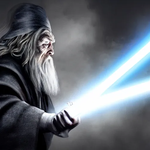 Image similar to gandalf fighting darth vader with a lightsaber, lord of the rings, star wars, dramatic lighting, 4 k, digital art,