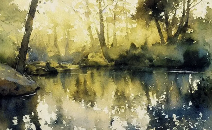 Image similar to watercolor lanscape by anders zorn, very very very very beautiful art, dramatic light, water reflections, aquarelle paint splashes and drips, drops