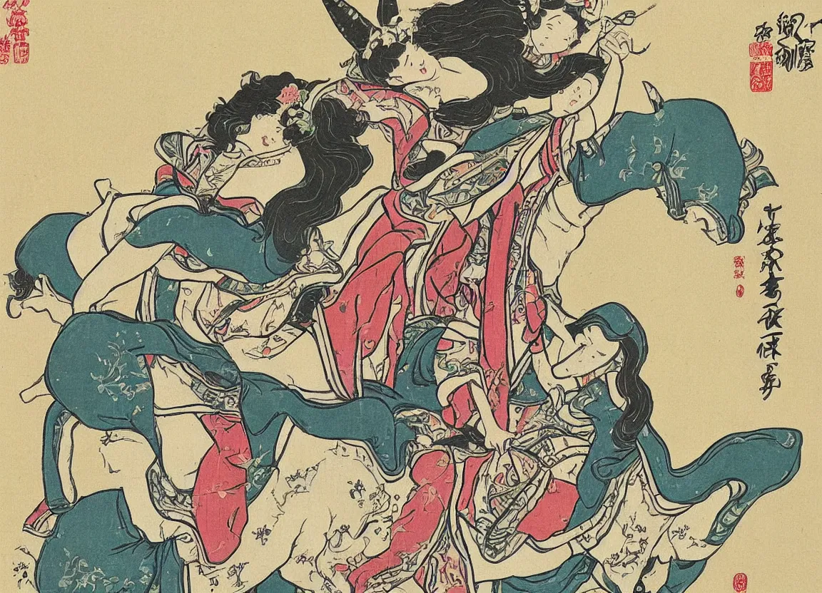 Prompt: woman riding a flying unicorn, japanese illustration