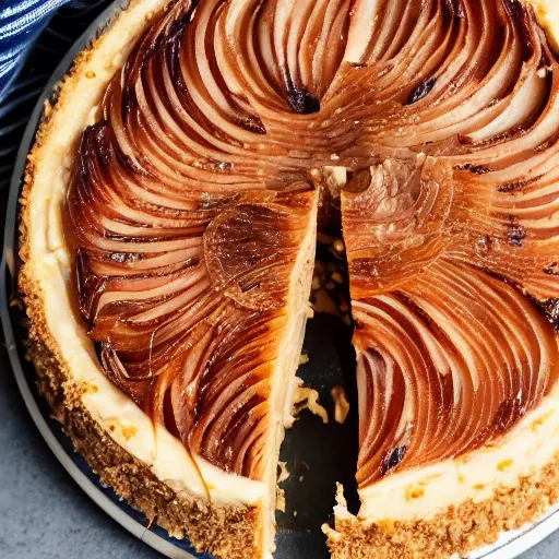 Image similar to close view of a delicious sweet and perfect onion cheesecake piece, onion pieces on top, onion slices on top, award winning, 4 k, beautiful