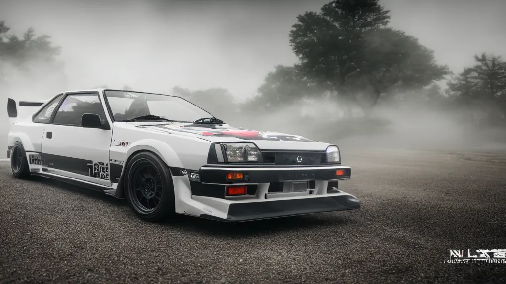 Image similar to takumi fujiwara's toyota ae 8 6, cinematic, nikon d 7 5 0, long exposure, white balance, 8 k, led, lumen global illumination, fog, ray tracing reflections, fxaa, rtx, post - production