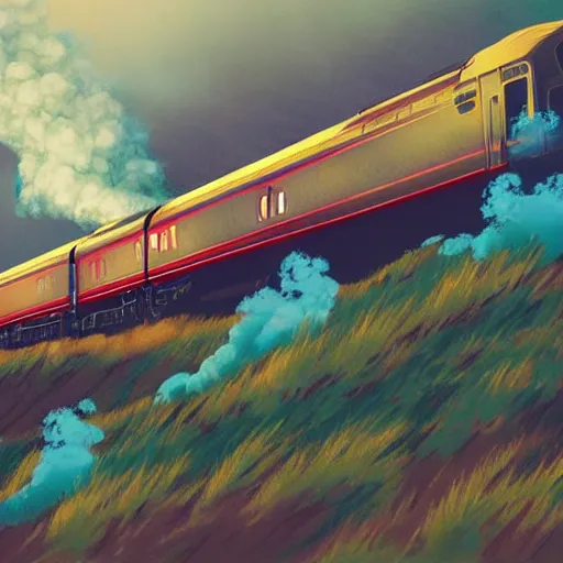 Image similar to train billowing smoke as it goes over a mountain, concept art, illustrated, highly detailed, high quality, bright colors, optimistic,