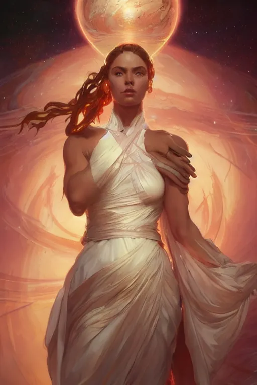 Prompt: goddess of space and time, accurate anatomy, only two hands, highly detailed, digital painting, artstation, concept art, smooth, sharp focus, illustration, Unreal Engine 5, 8K, art by artgerm and greg rutkowski and alphonse Mucha