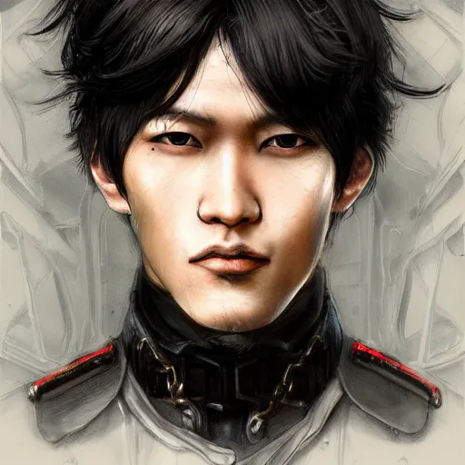 Image similar to portrait of a man by ayami kojima, japanese, he is about 2 0 years old, black short hair with bangs, he is wearing a steampunk tactical gear, highly detailed portrait, digital painting, artstation, concept art, smooth, sharp foccus ilustration, artstation hq