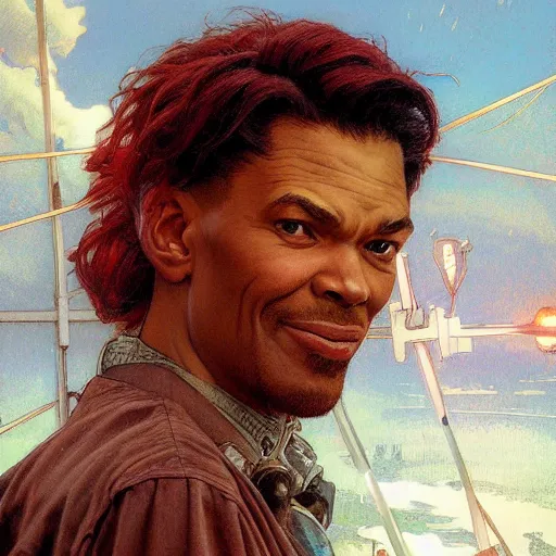 Image similar to highly detailed closeup portrait of phil lamarr with red hair, very detailed, realistic, card, by stanley artgerm lau, greg rutkowski, thomas kindkade, alphonse mucha, loish, norman rockwell j.