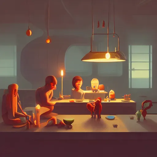 Image similar to cute kitchen dim lit by a candle ripped physique simon stalenhag gerald brom bastien grivet greg rutkowski portrait