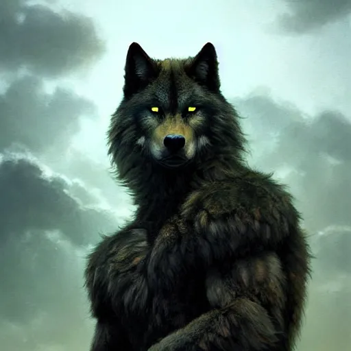 Prompt: beautiful stunning portrait face of black furred wolfman with clouds in background by greg rutkowski. he is wolf themed like wolfman by mark arian. his body is fur - covered and green pupiled eyes. soft render, octane, highly detailed painting by moebius. artstation blank canvas scene by tetsuya nomura.