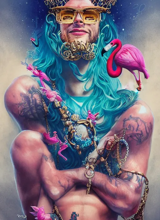 Prompt: muscular Atlantean king Zayn Malik grinning and wearing cholo sunglasses and a heavy bejeweled gold crown reclining poolside with a beautiful flamingo, steelpunk, ghibli studio, nekro, Tom Bagshaw, Craig Mullins, octane 8k, by brian froud, Trending on ArtStation