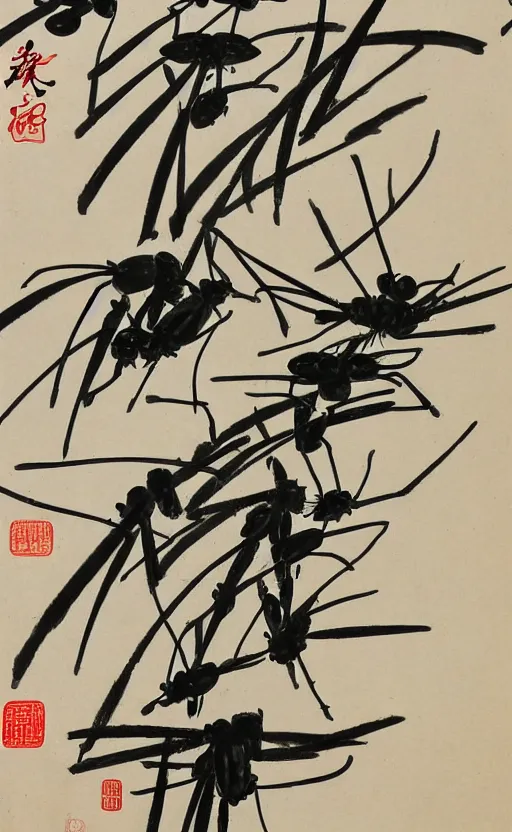 Image similar to qi baishi's chinese painting, insect and plant