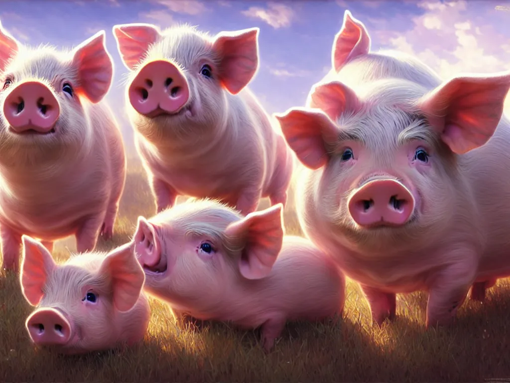 Image similar to very cute pigs play in the sky, cute and cuddly, highly detailed, photorealistic, octane render, 8 k, unreal engine. art by artgerm and greg rutkowski and alphonse mucha