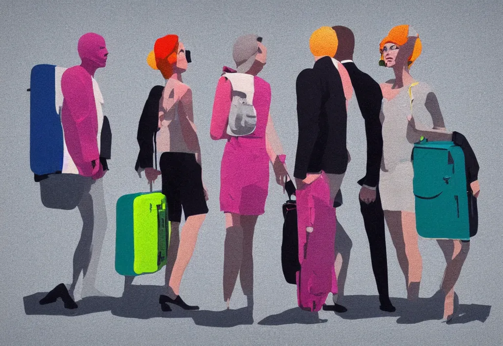 Image similar to full body portrait of a trio of european tourists getting off a tour bus for sightseeing, character designs painting, in the style of wes anderson, rene magritte, lola dupre, david hockney, isolated on white background, dark monochrome neon spraypaint accents volumetric octane render