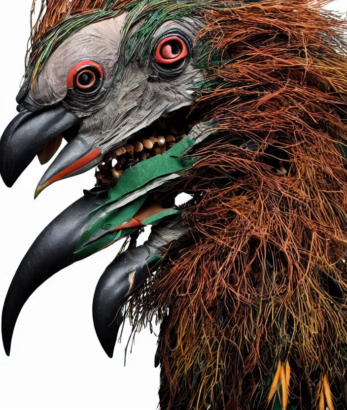 Prompt: a high resolution realistic portrait of an ork creature made of doglike class aves computer parts merged tree roots, strangled by electronic wires bower bird creature wrinkles pheasant, complex feathers exotic morphing hoopoe, zebra morphing wings king vulture head