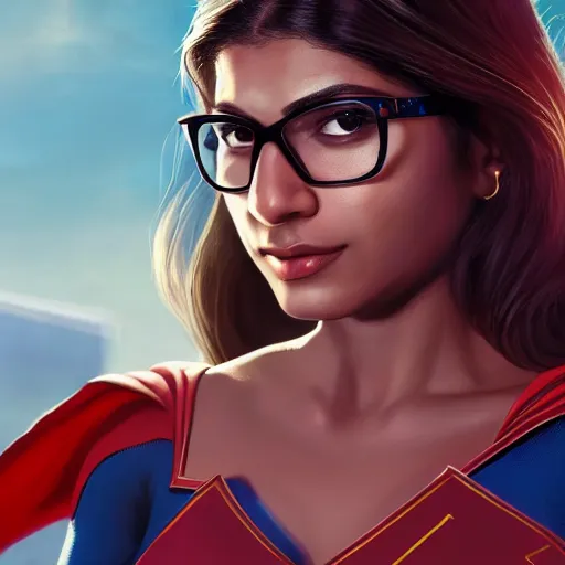 Prompt: a close up face of young Mia Khalifa as Supergirl by Greg Rutkowski, Sung Choi, Mitchell Mohrhauser, Maciej Kuciara, Johnson Ting, Maxim Verehin, Peter Konig, Zack Snyder, 8k photorealistic, cinematic lighting, HD, high details, dramatic, trending on artstation,