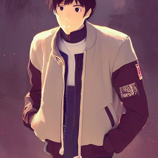 Image similar to a handsome young man! model, wearing ma - 1 flight suit jacket and overalls, bulky poofy bomber jacket with mayan patterns, trending on pixiv fanbox, painted by greg rutkowski makoto shinkai takashi takeuchi studio ghibli, akihiko yoshida