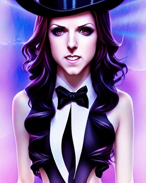 Prompt: beautiful Anna Kendrick Zatanna DC Comics floating on stage, wearing a top hat, symmetrical face symmetrical eyes, smiling, modern anime, fantasy, eerie, intricate details, atmospheric, elegant, super highly detailed, professional digital painting, concept art, art by artgerm and eiichiro oda and koyoharu gotouge