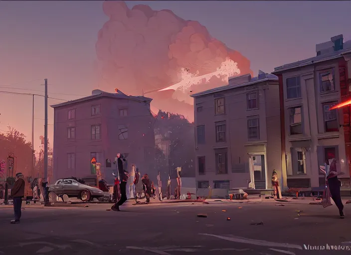 Prompt: crowd of working citizens carrying daily routines on the backdrop of multiple missile warheads explosions destroying residential buildings, DSLR 35mm, by Edward Hopper and Dan Mumford and WLOP, Unreal Engine 5, Lumen, Nanite