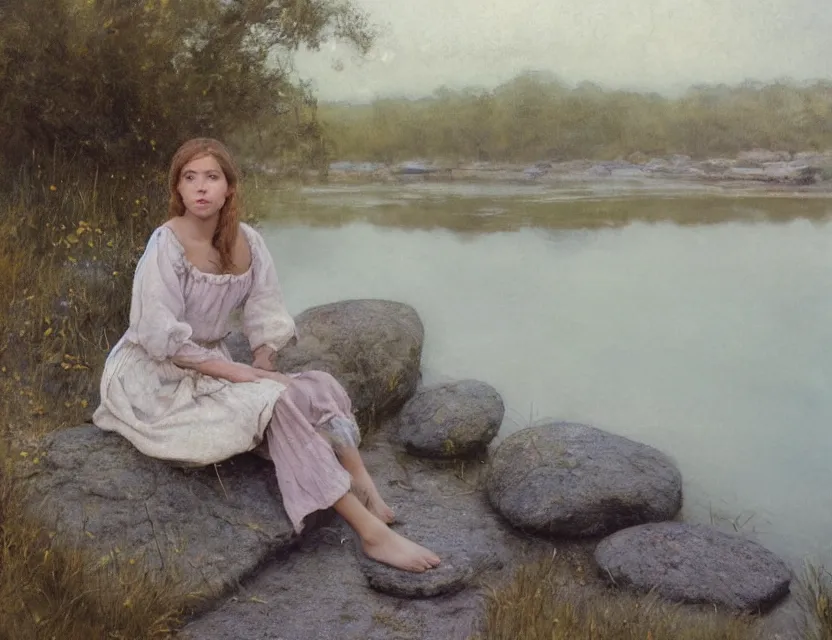 Image similar to peasant girl sitting on a stone by a shore of river, cottage core, cinematic focus, polaroid photo bleached vintage pastel colors high - key lighting, soft lights, foggy, by steve hanks, by lisa yuskavage, by serov valentin, by tarkovsky, 8 k render, detailed, oil on canvas