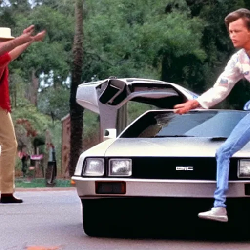 Image similar to marty mcfly accidentally runs over forrest gump with the delorean, movie still, high detail, photorealistic,