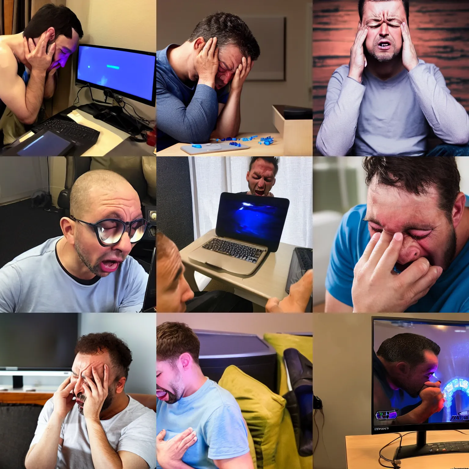 Prompt: A man crying at his monitor after playing Capture the Gem