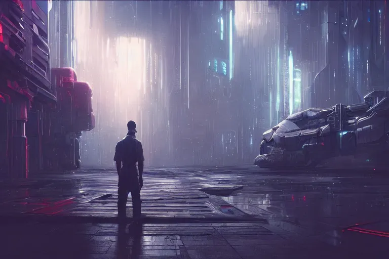 Image similar to sci fi cyberpunk fantasy art a man prays to the god of machines, by greg rutkowski ultrahd dark volumetric lighting hyper detailed unreal engine octane render