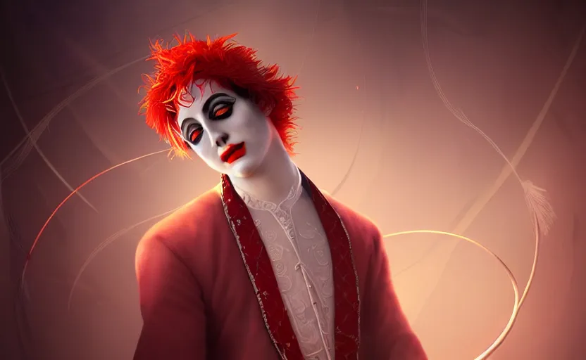 Image similar to award winning digital art of a attractive male pierrot, performing at a magnificent circus, beautiful circus themed background, trending artstation, digital art, aesthetic, bloom, intricate, elegant, sharp focus, digital illustration, highly detailed, octane render, digital painting, concept art, witchlight carnival, masterpiece