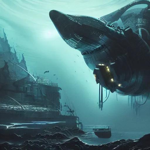 Image similar to deep sea mining installation, science fiction, dark, sinister, gradients, highly detailed, cinematic matte painting, concept art, smooth, sharp focus