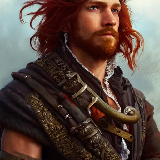 Image similar to portrait of a young pirate, male, rugged, masculine, handsome, upper body, red hair, long hair, D&D, fantasy, intricate, elegant, highly detailed, cinematic lighting, digital painting, artstation, concept art, cutscene, sharp focus, illustration, art by Artgerm and Greg Rutkowski and Alphonse Mucha