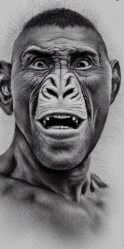 Prompt: Joe Rogan with some monkey features, single subject, portrait, intricate, highly detailed, concept art, smooth, sharp focus, pencil art