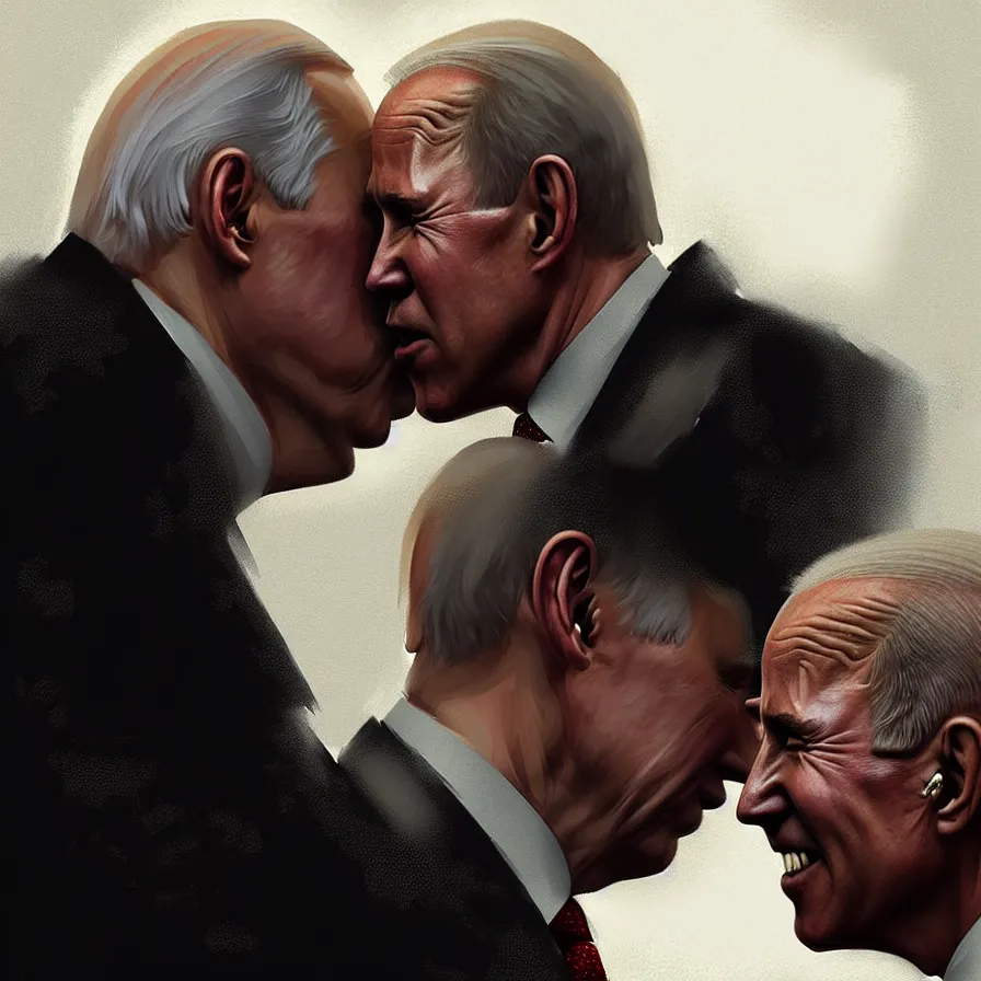 Image similar to putin kisses biden, detailed digital art by greg rutkowski.