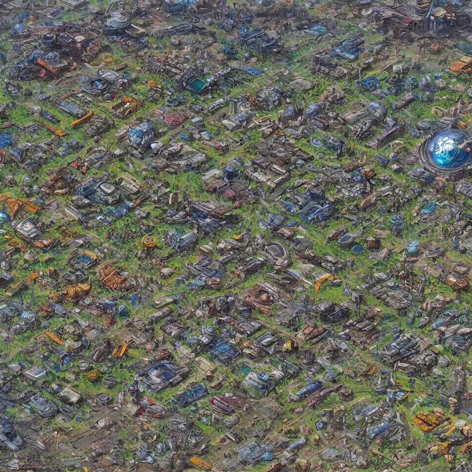 Image similar to a map of a junkyard planet, detailed sci fi art. top down view of a small settlement and surrounding wasteland/dumping ground. moebius. high resolution digital painting.