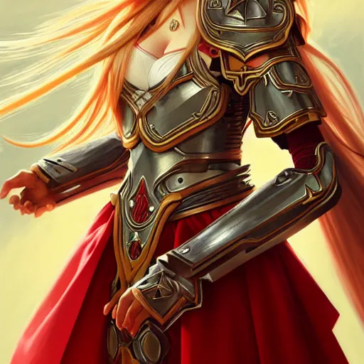 Image similar to Asuna Yuuki, Portrait of a girl with blonde hair wearing a partial paladin armor with a red skirt and white top, face, fantasy, intricate, elegant, highly detailed, digital painting, artstation, concept art, smooth, sharp focus, illustration, art by Fernanda Suarez and Artem Demura and alphonse mucha