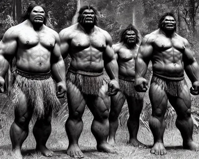 Image similar to hyper realistic group vintage photograph of a live action warcraft orc warrior tribe in the jungle, tall, hulk like physique, detailed faces, tribal paint, tribal armor, grain, old, monochrome, sepia toned, realistic lighting, wide angle