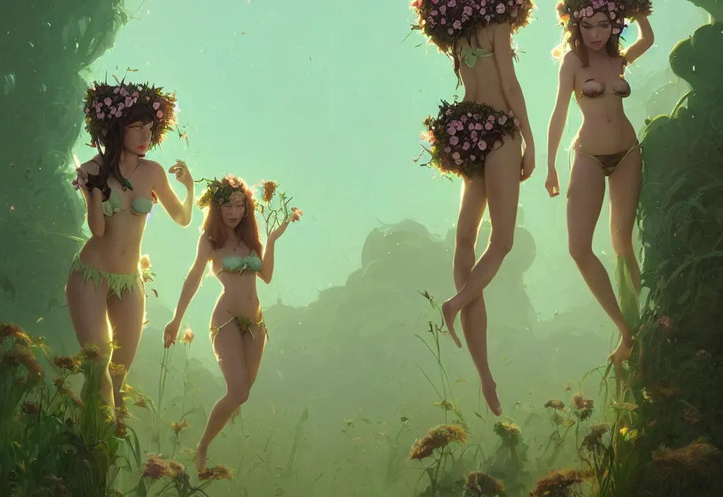 Image similar to two beautiful fairy women with crown of flowers in plants bikini, fantasy, by atey ghailan, by greg rutkowski, by greg tocchini, by james gilleard, by joe gb fenton, dynamic lighting, gradient light green, brown, blonde cream and white color in scheme, grunge aesthetic