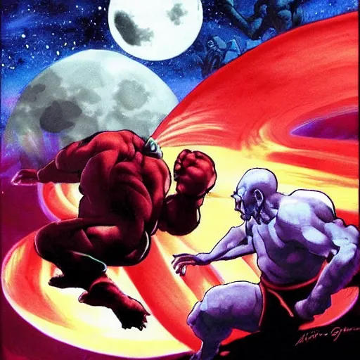 Image similar to picard fighting akuma from street fighter 2 at night with a full moon low in the sky