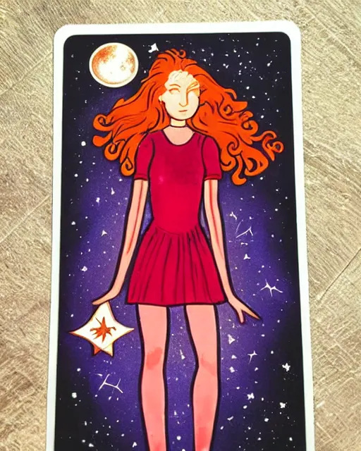 Image similar to tarot card of space astral girl, red hair, ginger hair, fantasy, glowing skin, smooth face, perfect eyes