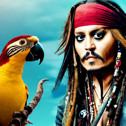 Image similar to johnny depp as jack sparrow with a parrot on the shoulder, realistic portrait, 8k resolution, hyper detailed, dramatic lighting, cinematic